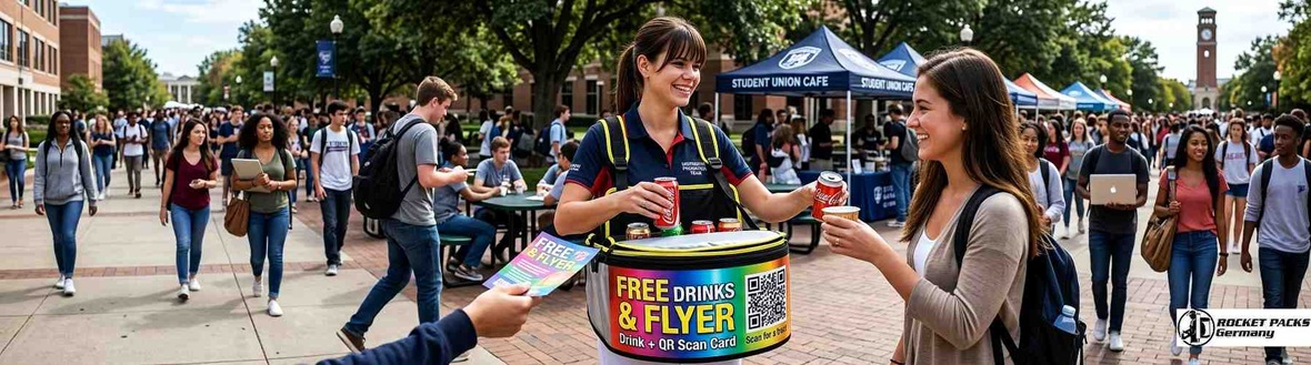 Coffee promoter offering takeaway drinks from a mobile serving tray during a street promotion.