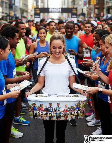 Coffee promoter offering takeaway drinks from a mobile serving tray during a street promotion in Times Square, New York.