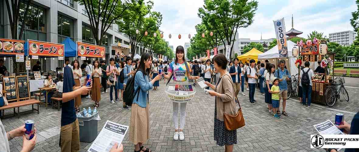 Beer tasting promotion with a hawking tray during a city event in Manchester.