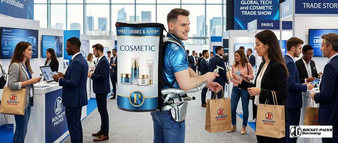 Coffee sampling promotion using a mobile hawking tray during a trade show event in Las Vegas.