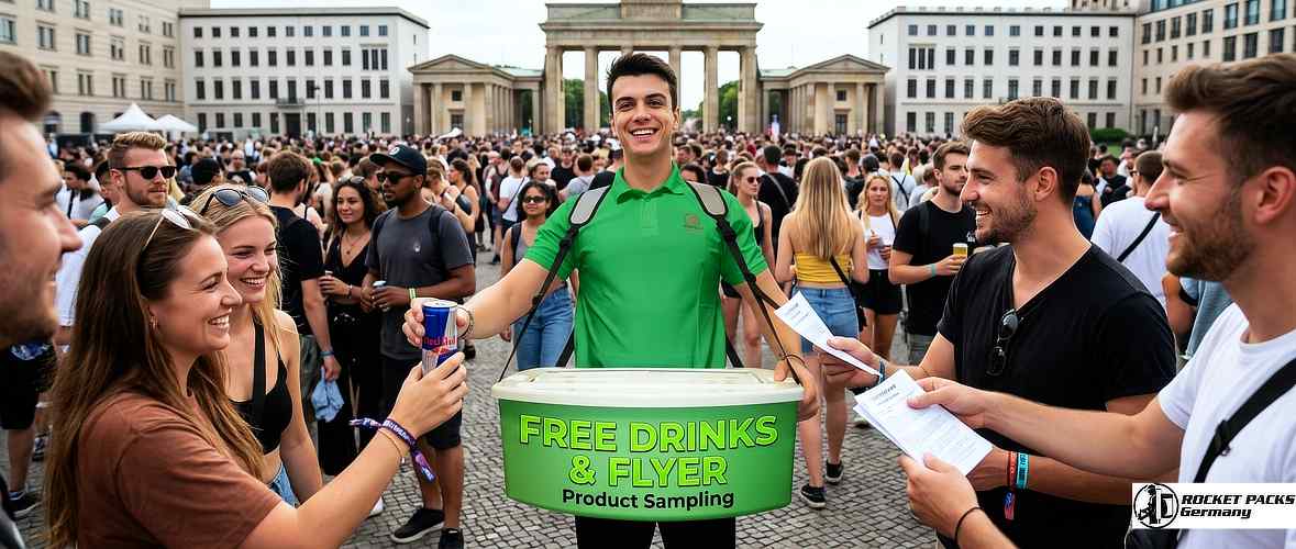 Beverage sampling promotion using a mobile sampling tray during a marketing roadshow event in Glasgow city center.