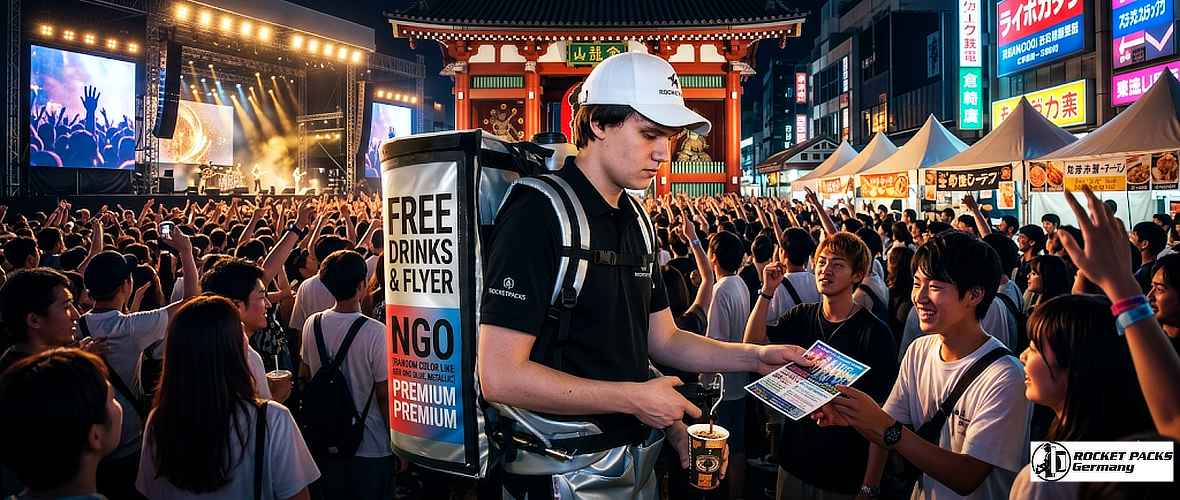 Coffee promoter offering takeaway drinks from a mobile serving tray during a busy street marketing campaign in Times Square, New York.