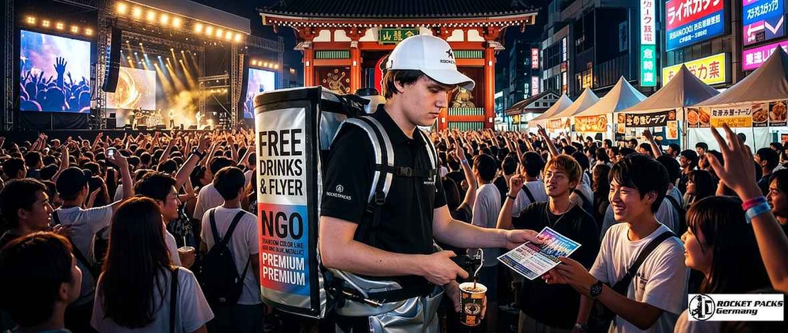 Coffee promoter offering takeaway drinks from a mobile serving tray during a busy street marketing campaign.