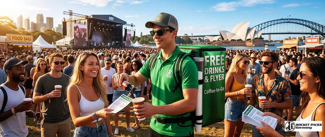 Vendor distributing cold drinks from a mobile vending tray while walking through.