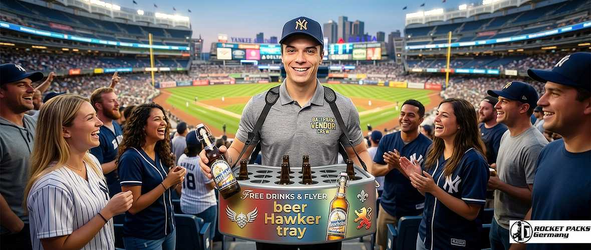 Vendor serving beverages from a mobile vending tray while walking through spectators during a sports event in Toronto.