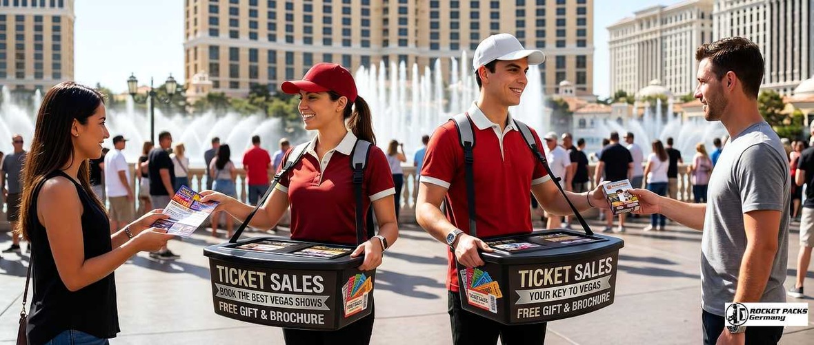 Promoter in Las Vegas using a durable belly tray for ticket sales and product sampling, interacting with customers in a high-traffic area.