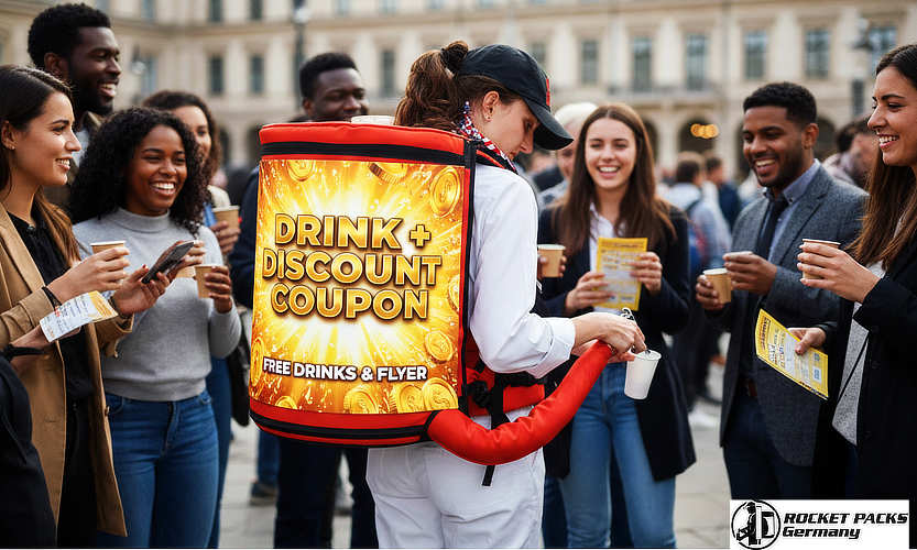 Mobile vendor tray distributing cold drinks during a sports stadium event in Chicago, creating a direct point-of-sale interaction with the audience.