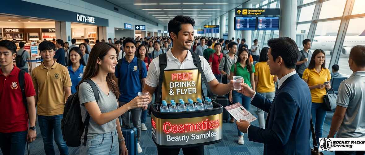 Coffee promoter offering takeaway drinks from a mobile vendor’s tray during a busy street marketing promotion in Times Square New York.