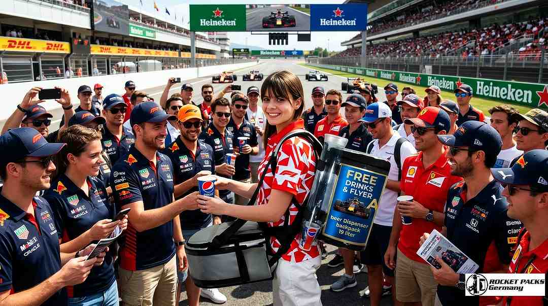 Vendor serving beverages with a mobile vendor’s tray during a street event in Hollywood Los Angeles.