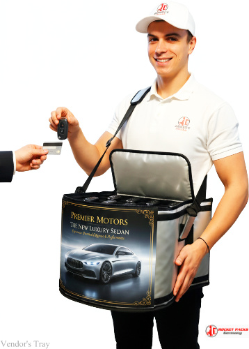 Sydney street festival vendor’s tray providing mobile ice cream vending service and live sampling for outdoor event catering.