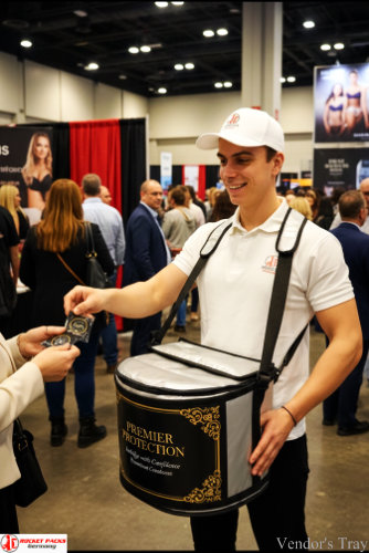 Vancouver open days vendor’s tray for drink sampling and POS promotion enhancing live customer experience.