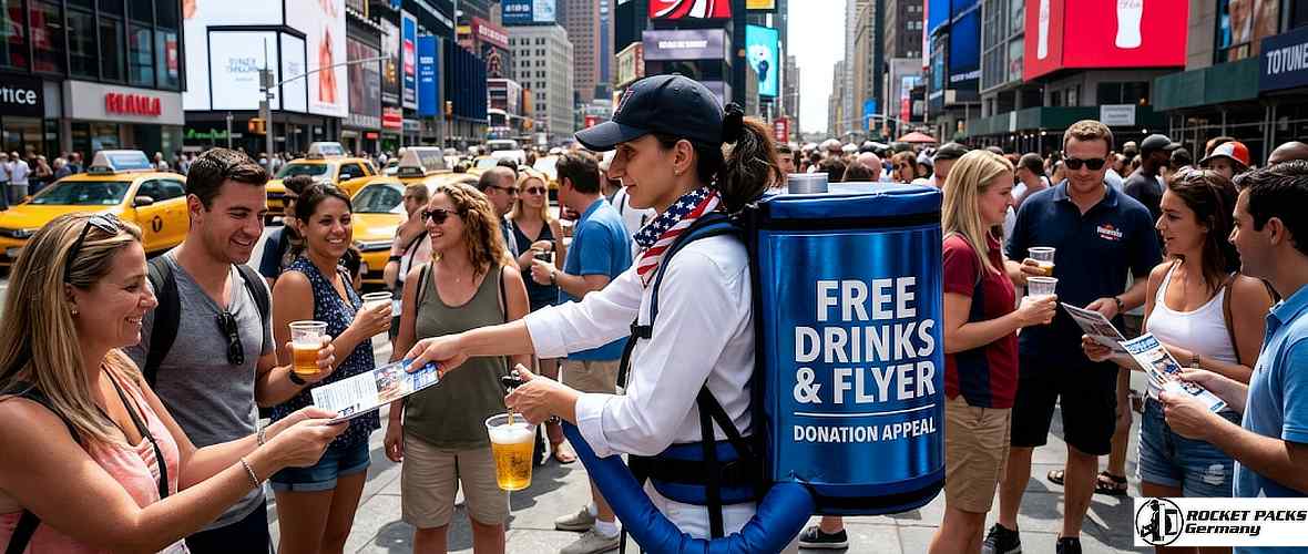 Vendor offering beverages during a night market event at the Vancouver waterfront.