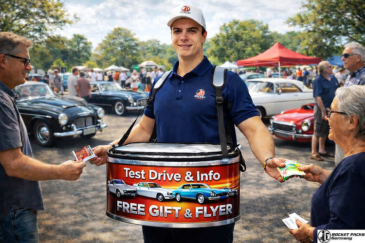Vendor offering beverages from a serving tray at a night market in Vancouver.