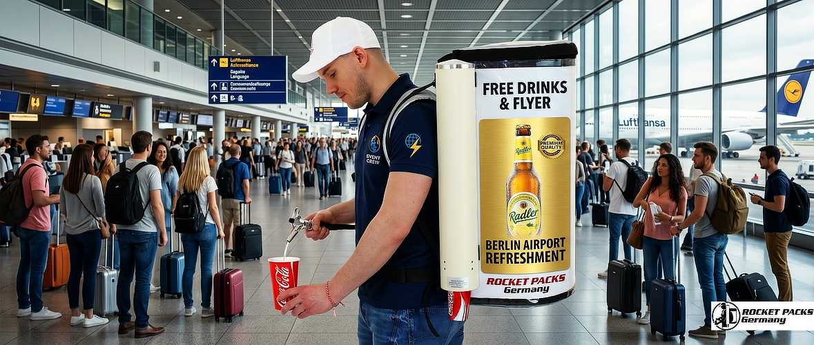 Coffee vendor serving commuters using a portable bellytray during a morning promotion in London’s financial district.