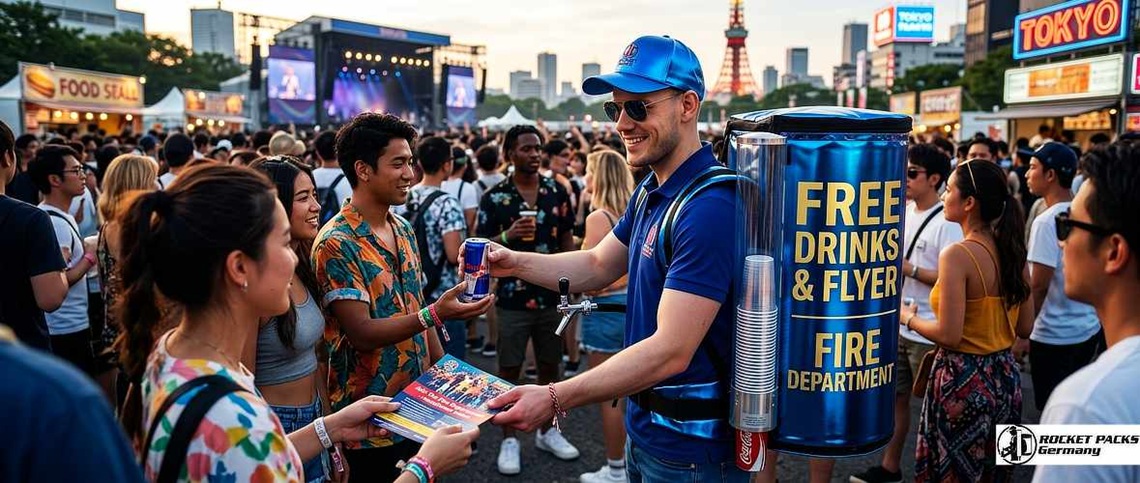 Vendor serving refreshing beverages from a portable bellytray while walking through.