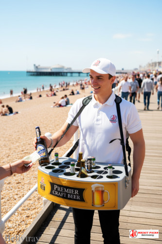 Portable bellytray serving beer-to-go at New York Christmas Market with POS activation and live sampling campaign for beverage marketing.