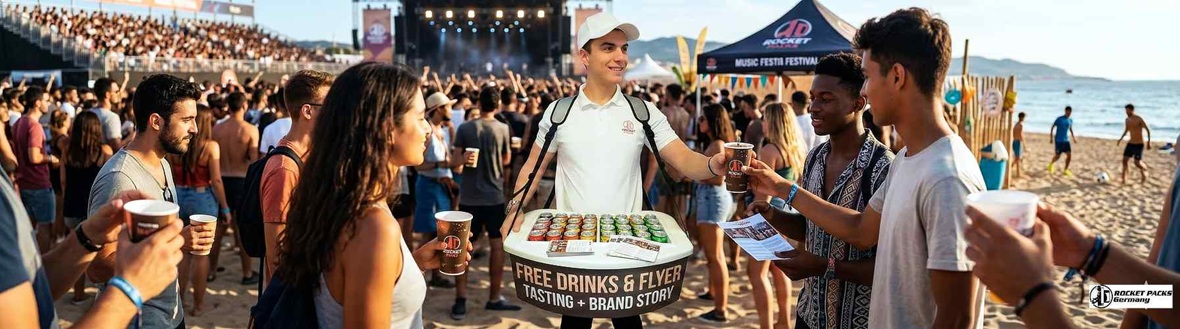Promoter serving beer to go from a portable vending tray during an open air concert in London, engaging visitors with a mobile point of sale experience.
