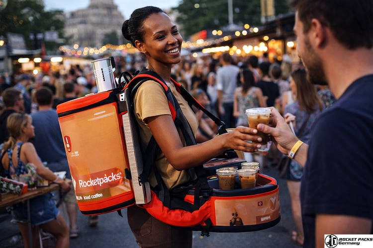 Durable portable beverage cooler tray for mobile cocktail service and drink creation at a Miami open-air corporate hospitality event and beach party.