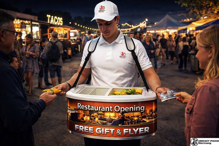 Promoter serving beer hawking to go from a portable vending tray during an open air concert in London, engaging visitors with a mobile point of sale experience.