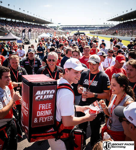 Portable drink cooler vending tray facilitating hybrid event live communication and drink consumption at a Singapore global technology summit.