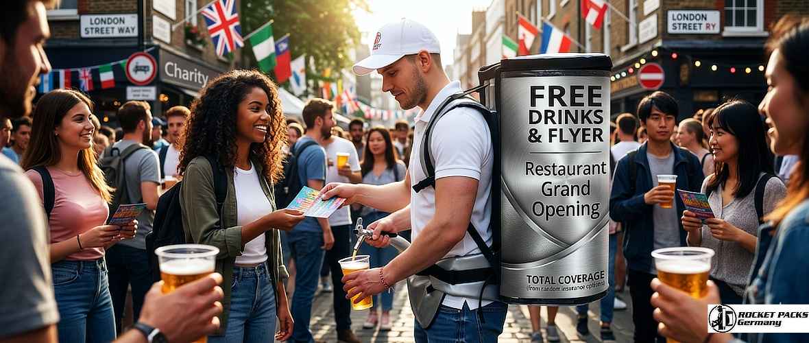Vendor distributing cold beverages from a portable tray during a live music festival in Austin.
