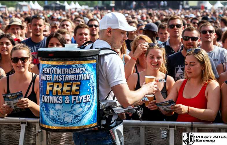 Vendor distributing cold beverages from a portable tray during a live music festival in Austin.
