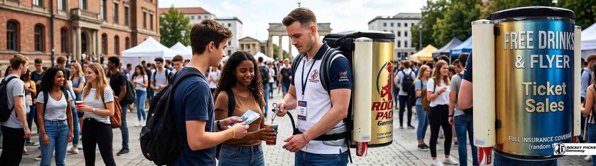Event staff selling cold beverages with a portable tray.