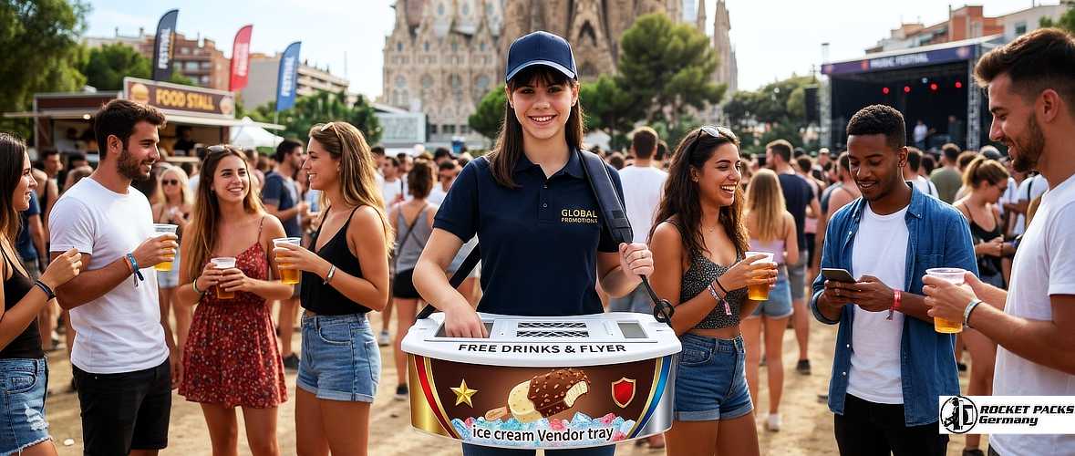 Craft beer samples distributed using a portable hawker tray during a live music festival in Glasgow.