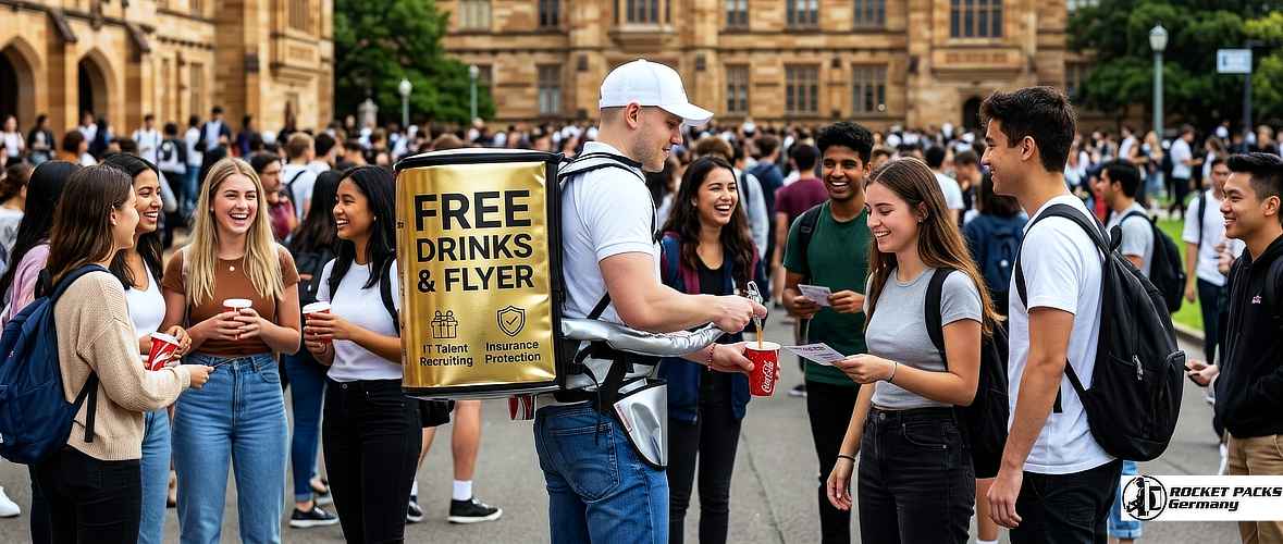 Beverage sampling promotion using a portable hawker tray in a busy shopping district in Seattle.