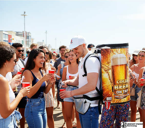 Portable hawker tray used for mobile drink service during a vibrant street carnival festival in Miami, supporting experiential marketing and beverage promotion.