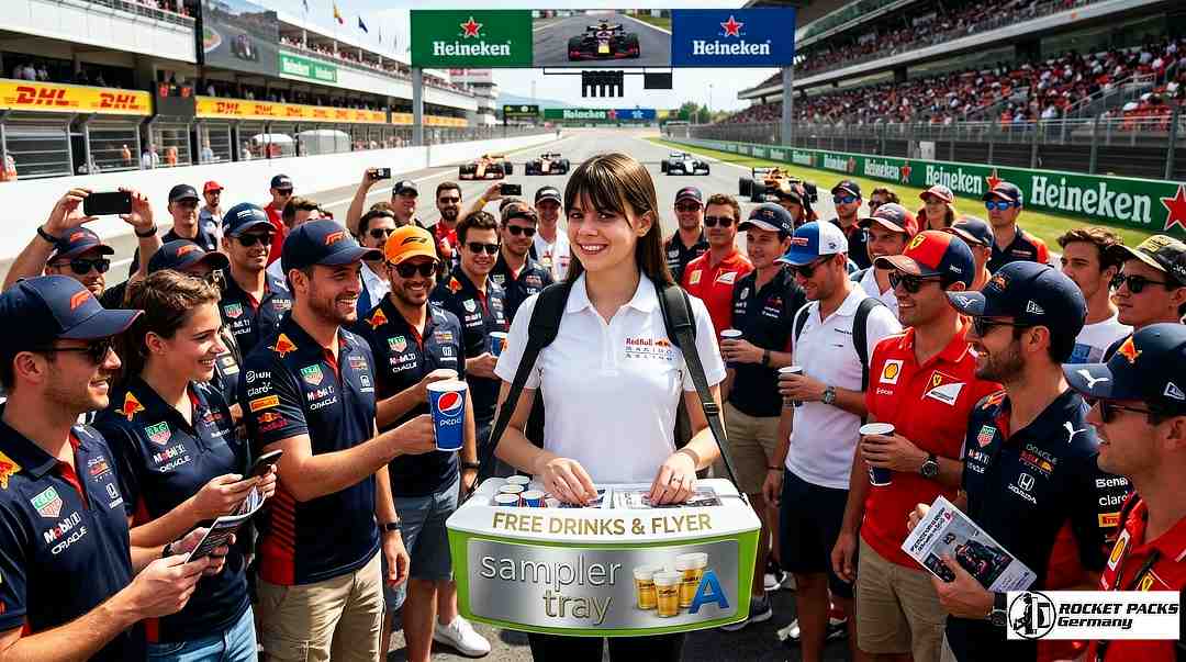 Drink sampling promotion using a portable hawker’s tray during a cultural festival along the Brisbane River.