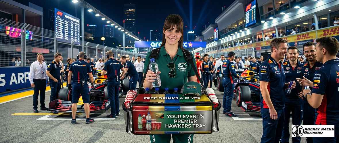 Vendor serving drinks from a portable hawker’s tray during a city park festival in Melbourne.