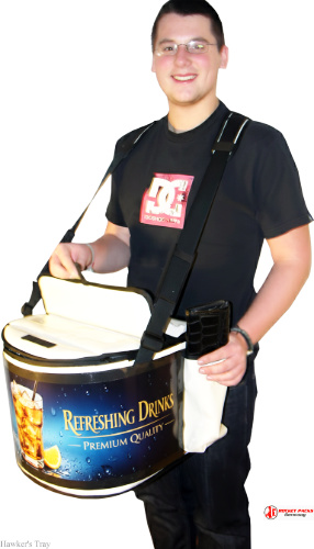 Mobile hawker’s tray serving beer at New York Beer Festival showcasing live POS activation and sampling campaign for beverage brands.