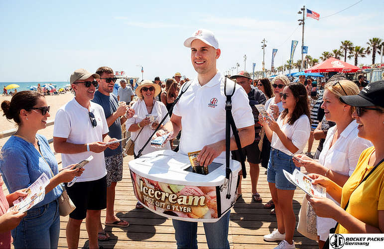 Portable ice cream cooler tray for high-volume tourist service on the go at Chicago Navy Pier.