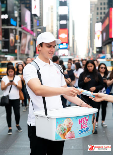 Portable ice cream vendor tray used at Miami Beach summer event — outdoor sales promotion enhancing the drink & snack experience.
