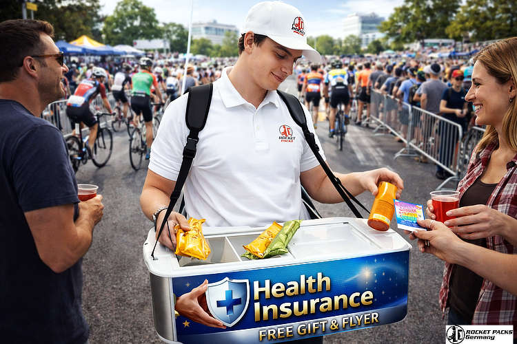 Portable vending tray used by a promoter offering drink samples on a university campus in Boston to engage students through direct sampling marketing.