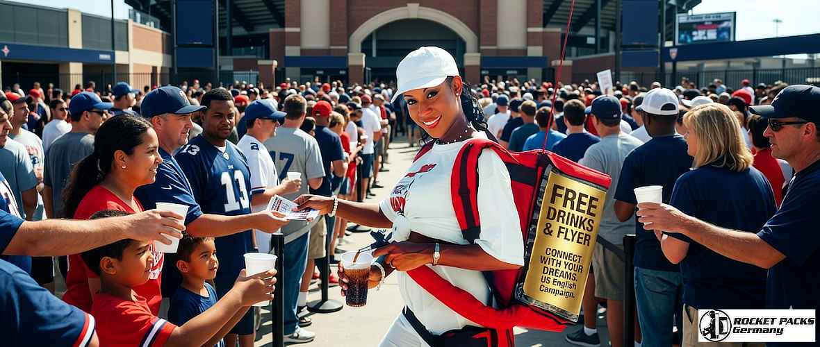 Vendor selling drinks from a portable vending tray during a live music event in Austin Texas.