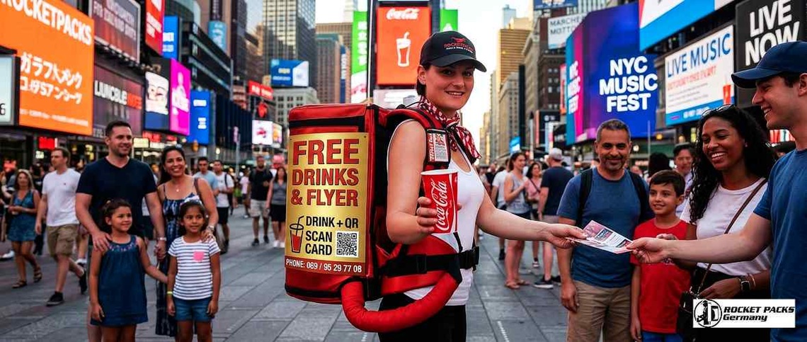 Vendor offering beverages from a portable vending tray during a night market event.