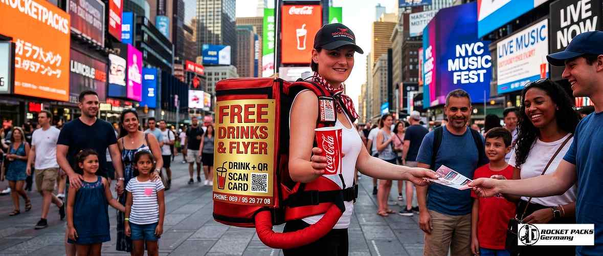 Vendor offering beverages from a portable vending tray during a night market event at the Vancouver waterfront.