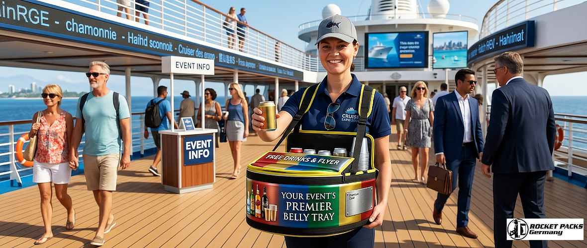 Vendor serving refreshing beverages from a portable vendor tray during a summer event at Oxford University.