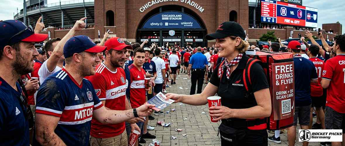 Vendor serving drinks from a portable vendor tray during an outdoor cinema event in Los Angeles.