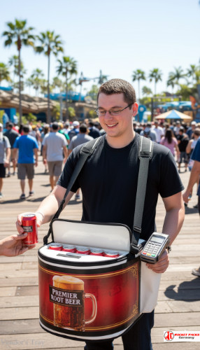 Los Angeles roadshow vendor’s tray enabling drink distribution and cross-promotion through live experiential marketing.