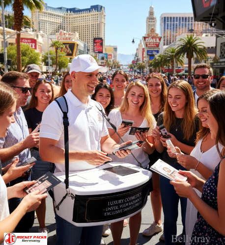 Portable vendor’s tray at Vancouver Christmas Market enhancing brand communication and customer experience through live drink sampling.