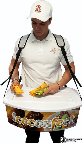 High-capacity professional bellytray designed to increase ice cream consumption at London summer festivals.