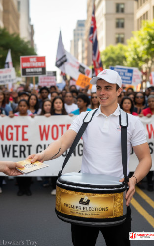 Professional hawker’s tray at Sydney Christmas Market providing coffee-to-go service with tasting and brand promotion for local vendors.