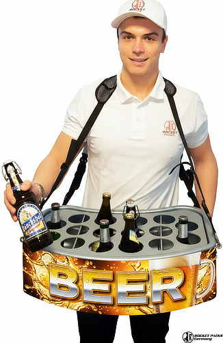 Professional vending tray for mobile beer-to-go service enhancing shopper activation and personal promotion during morning rush hour.