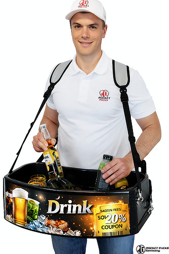 Professional vendor tray for beer enjoyment and mobile POS action, enhancing sales motivation during the Munich Oktoberfest open-air festival.