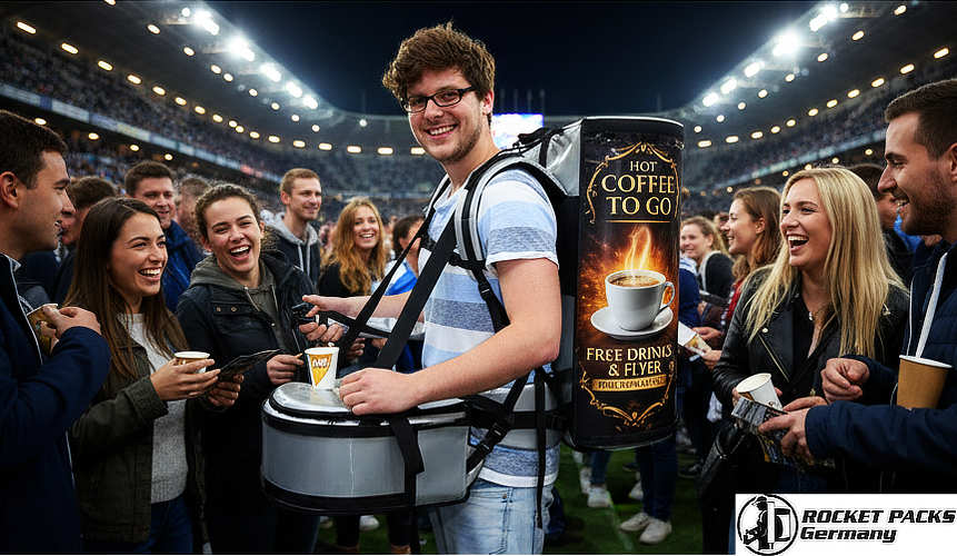 Professional vendor tray used by a coffee promoter offering coffee-to-go samples in a busy New York shopping district as part of a city marketing and POS activation campaign.