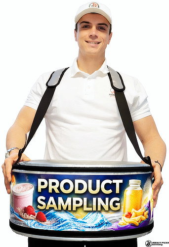 Professional vendors tray for mobile coffee-to-go service, acting as a portable POS solution for morning shopper activation in the London financial district.