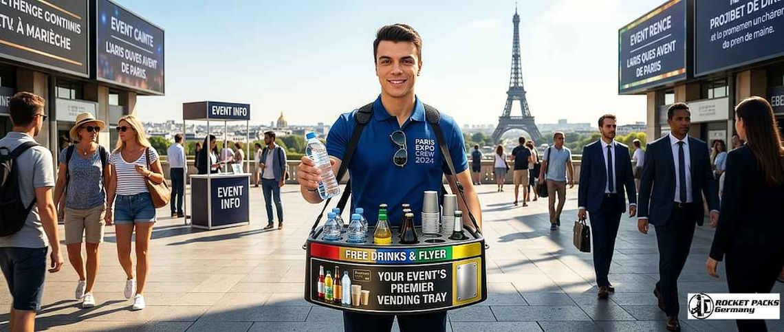 Beverage sampling promotion using a mobile promo tray during a tourism event.